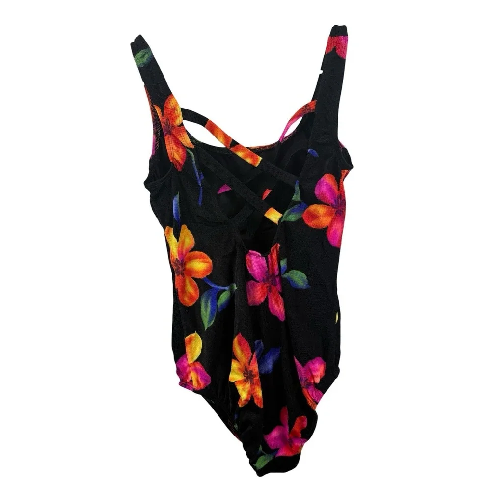 Vintage 80's Nylon Mesh Black Floral Pink One Piece Swimsuit Robby len Size 10 M